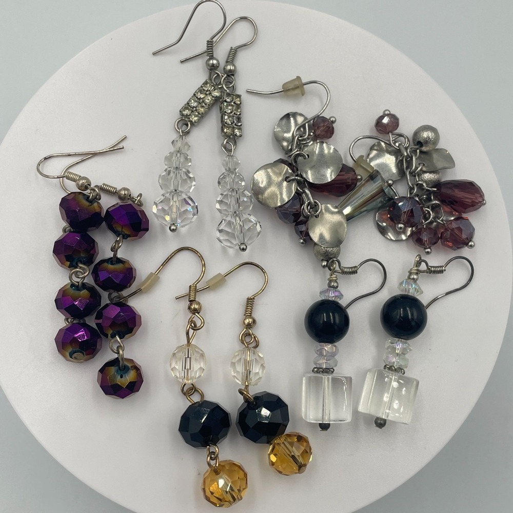 Vintage Y2K Boho Crystal Glass Dangle Earring Lot Amethyst Black Clear Amber 5Pc